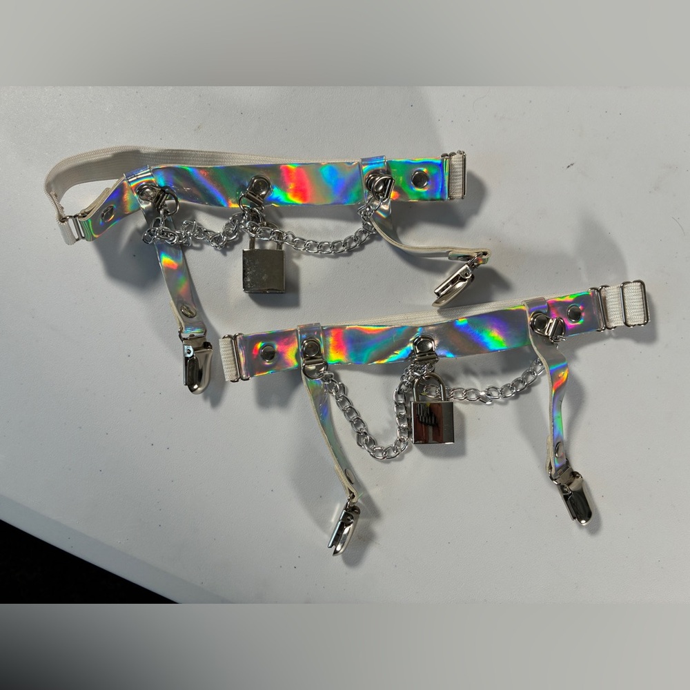 Silver Holographic Chain Padlock Leg Garters